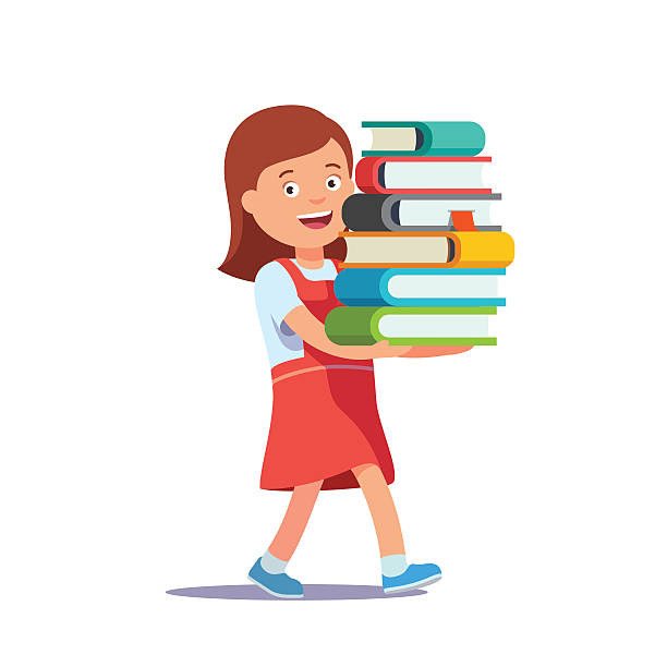 Cute school girl carrying big pile of books Cute school girl carrying big pile of books. Education excitement concept. Flat style vector illustration isolated on white background. kid doing homework clip art stock illustrations