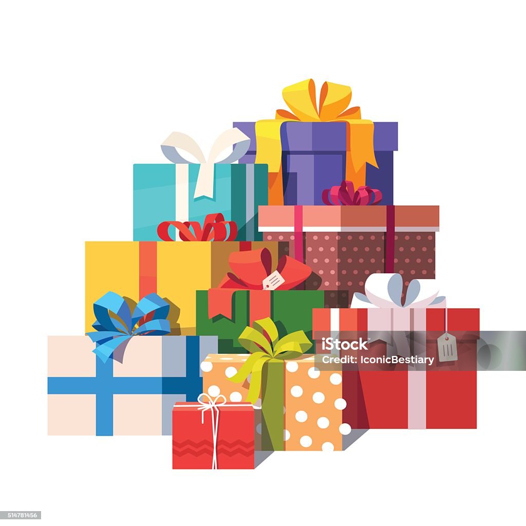 Big pile of colorful wrapped gift boxes Big pile of colorful wrapped gift boxes. Lots of presents. Flat style vector illustration isolated on white background. Gift stock vector