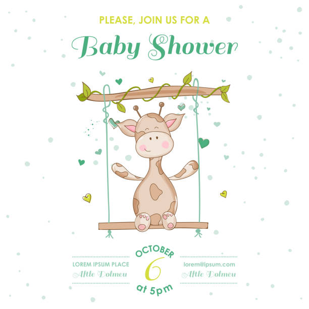 illustrazioni stock, clip art, cartoni animati e icone di tendenza di bambino doccia o arrivo scheda-bambino con giraffa - baby shower invitation its a girl greeting card