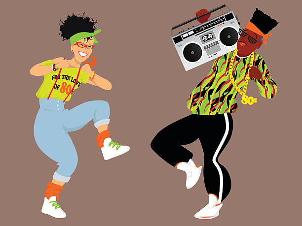 1980s hip hop Young couple dressed in 1980s fashion listening music from a boombox and dancing, EPS 8 vector illustration music style stock illustrations