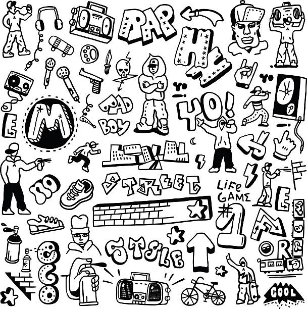 rap, hip hop , graffiti - doodles set rap, hip hop , graffiti - set icons in sketch style, design elements teenager doodle stock illustrations