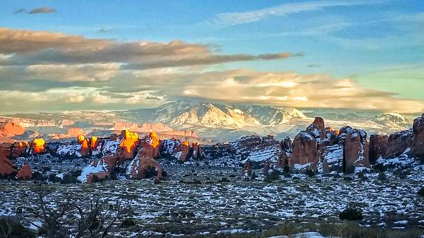 istock Snow Capped La Sal Mountains, Arches Park Rock Formations, Snow 514784742