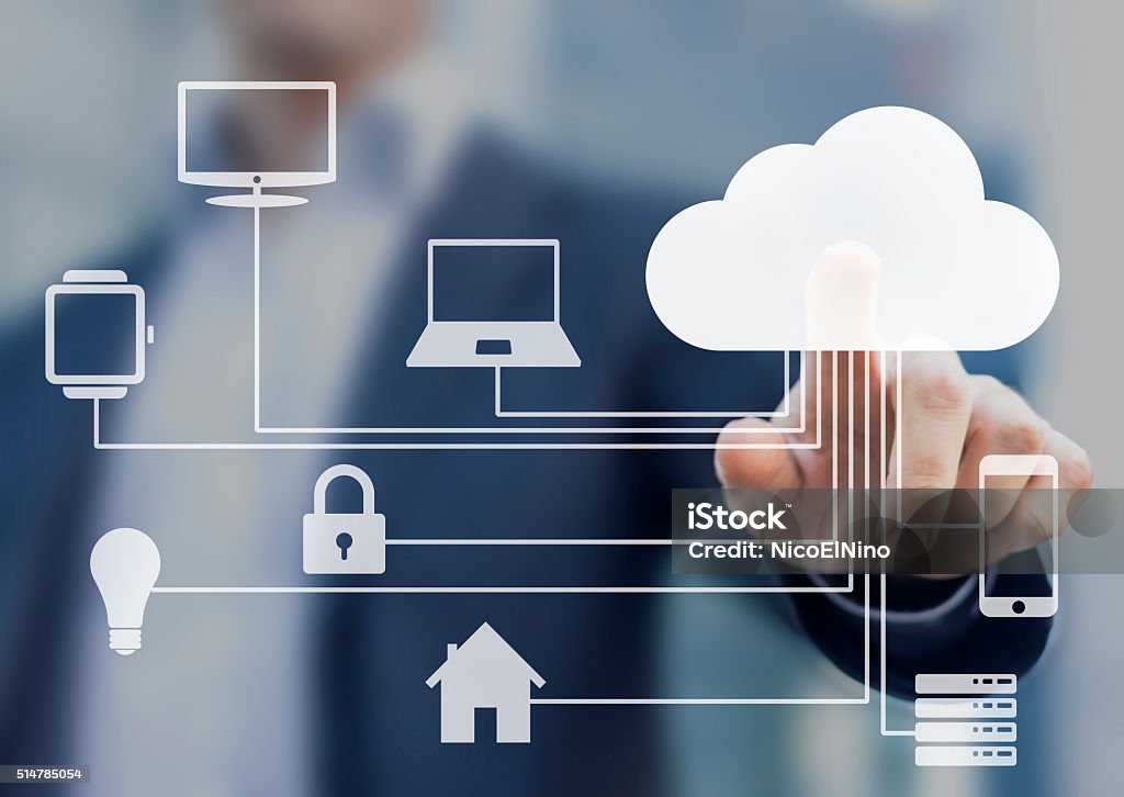 Businessman touching a cloud connected to objects, internet of things Businessman touching a cloud connected to many objects on a virtual screen, concept about internet of things Television Set Stock Photo
