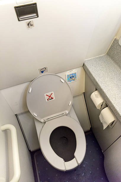 Aircraft lavatory toilets aboard a jetliner airplane.