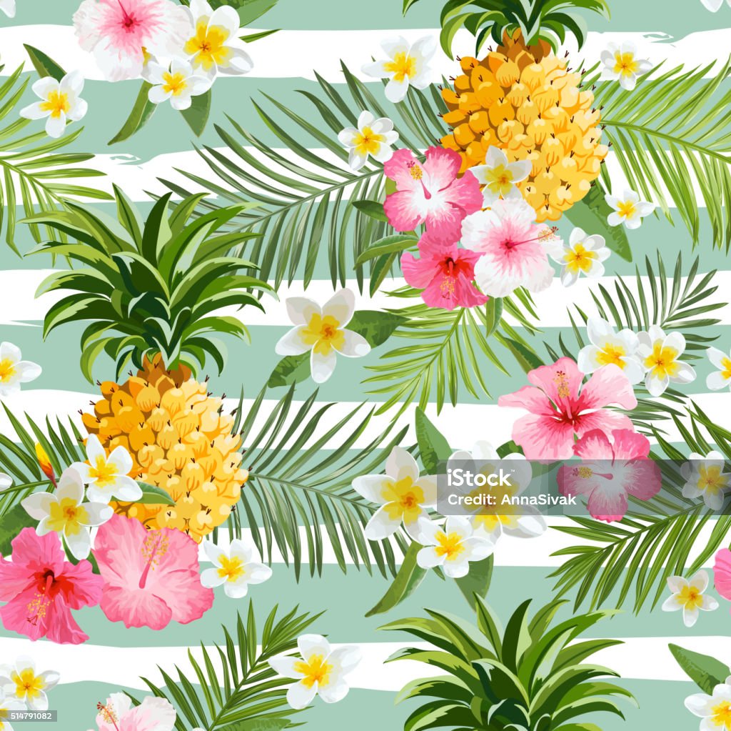 Pineapples and Tropical Flowers Geometry Background - Seamless Pattern Pineapples and Tropical Flowers Geometry Background - Vintage Seamless Pattern - in vector Tropical Climate stock vector