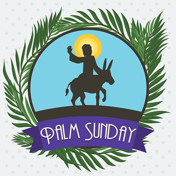 Palms around Circle with Jesus in Donkey for Palm Sunday Button with Jesus riding a donkey for triumphal entry into Jerusalem with branches of palm around in the Palm Sunday holiday. lent season stock illustrations