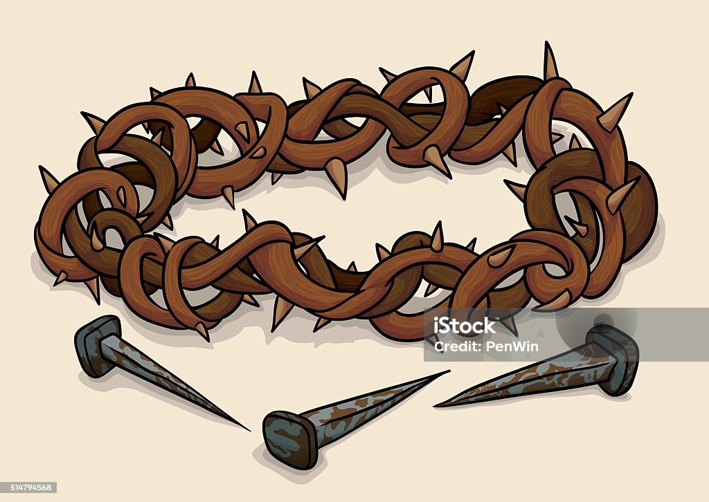 Crown of Thorns and Nails for Good Friday Crown of thorns and three rusty nails, symbols of crucifixion of Jesus in Good Friday. Jesus Christ stock vector