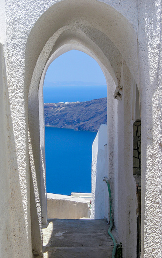 The view from a doorway in Santorini, Greece
