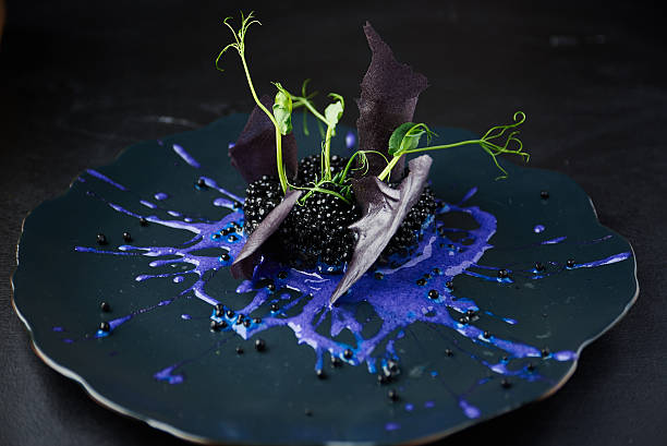 risoto com tinta e caviar preto choco - fish plate dishware dinner imagens e fotografias de stock