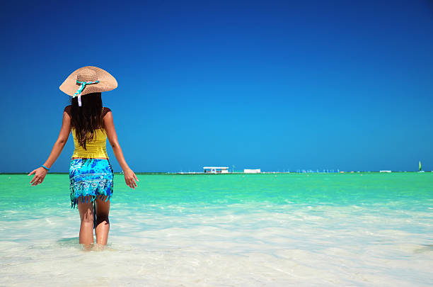 Young woman relaxing on beach, healthy lifestyle and freedom conceptionYoung woman dancing on exotic carribean beachYoung woman relaxing on beach, healthy lifestyle and freedom conception