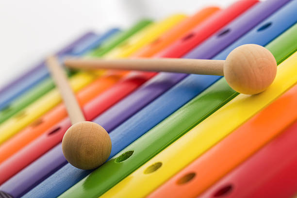 istock Rainbow colored wooden toy xylophone against white background 514797726