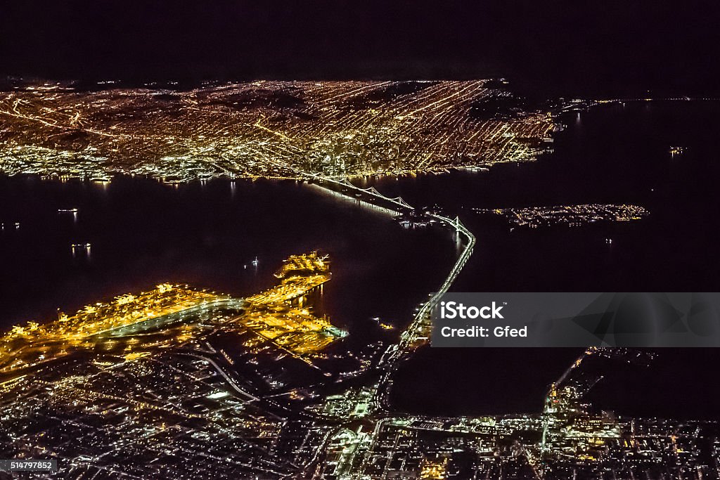 Night Aerial View of San Francisco Bay Area Aerial View Stock Photo