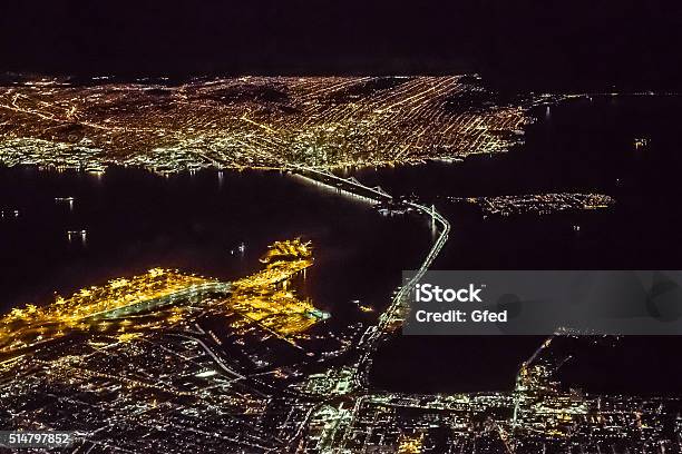 Night Aerial View Of San Francisco Bay Area Stock Photo - Download Image Now - Aerial View, Night, San Francisco - California