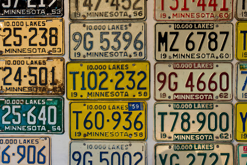 Wall of vintage Minnesota license plates