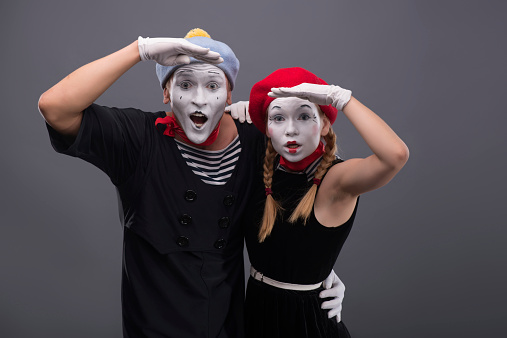 Portrait Of Funny Mime Couple With White Faces And Emotions Stock Photo - Download Image Now - iStock Portrait Of Funny Mime Couple With White Faces And Emotions Stock Photo - Download Image Now - iStock