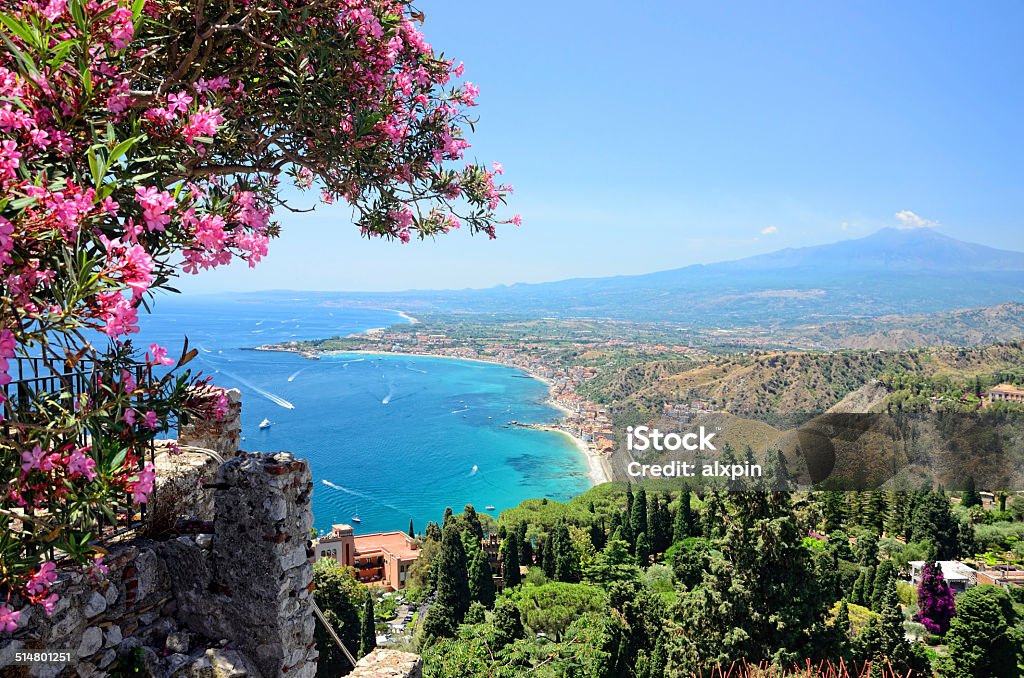 Taormina, Sicily Taormina town with Mount Etna on background Taormina Stock Photo