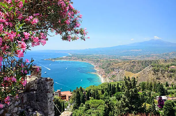 Taormina town with Mount Etna on background