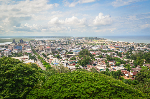 Monrovia, the capital city of Liberia, West Africa, seen from the top of the ruins of Hotel Ducor. The main streets of the peninsula are clearly visible.