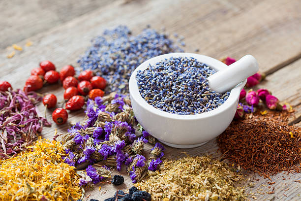 istock Mortar of dry lavender, healing herbs and herbal tea assortment 514826182
