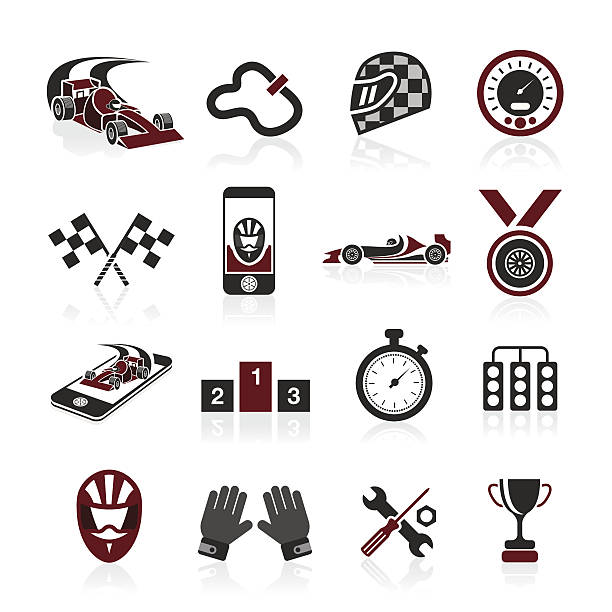 open-wheel single-seater racing car icon set, sport icons and sticker vector art illustration