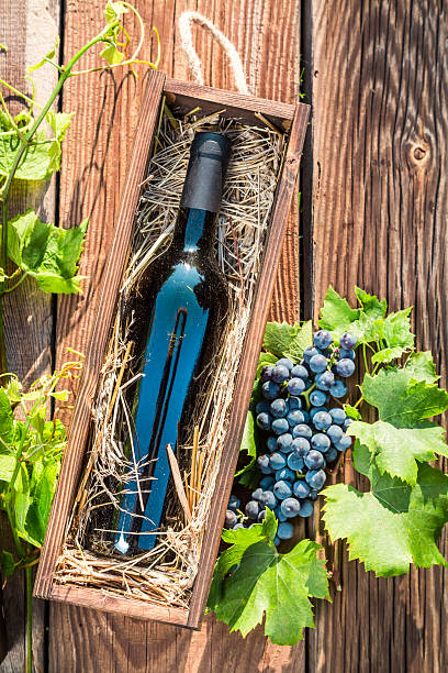 istock Red wine in a wooden box with hay 514830193