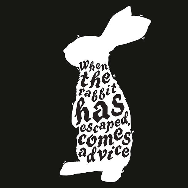 White rabbit silhouette and quote Vintage hand drawn illustration. When the rabbit has escaped, comes advice. silhouette of a black and white rabbit stock illustrations