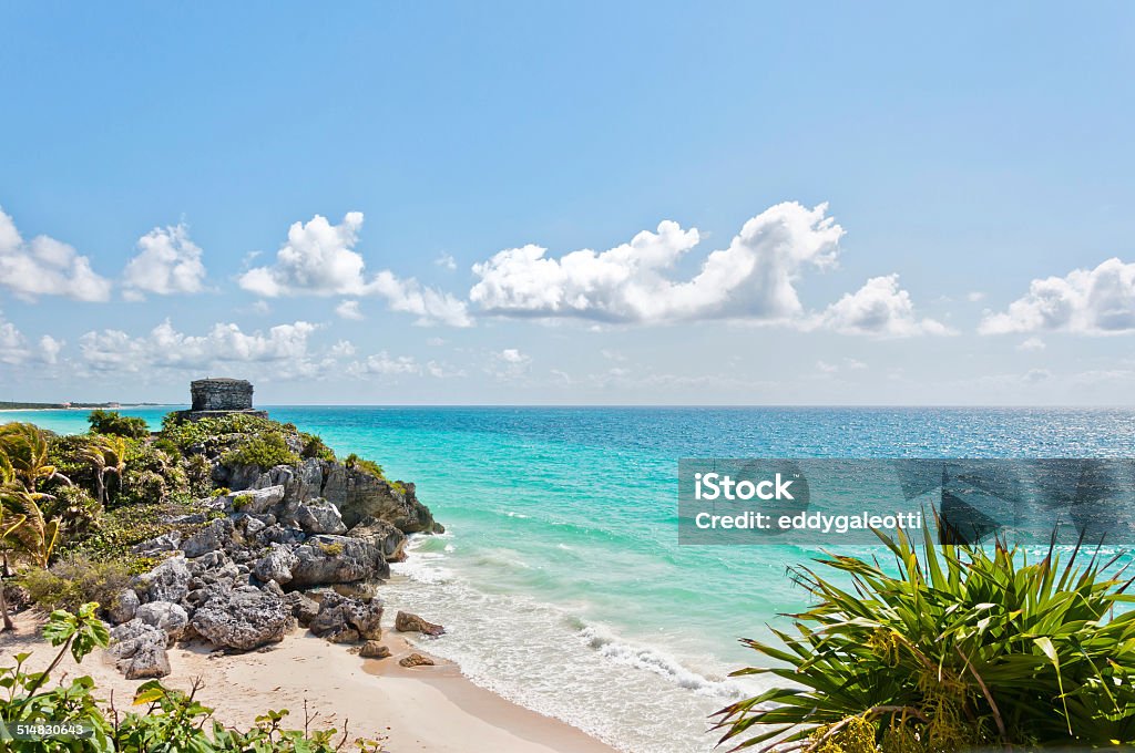 Tulum Ruins by the Caribbean Sea God of Winds Temple guarding Tulum's sea entrance bay in Quintana Roo, Mexico Ancient Stock Photo