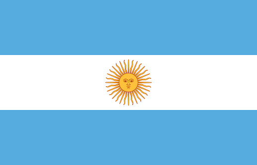 National flag of the Argentine Republic. The yellow symbol of the sun represents the Inca god of sun called Inti.