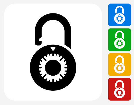 Dial Security Lock Icon. This 100% royalty free vector illustration features the main icon pictured in black inside a white square. The alternative color options in blue, green, yellow and red are on the right of the icon and are arranged in a vertical column.