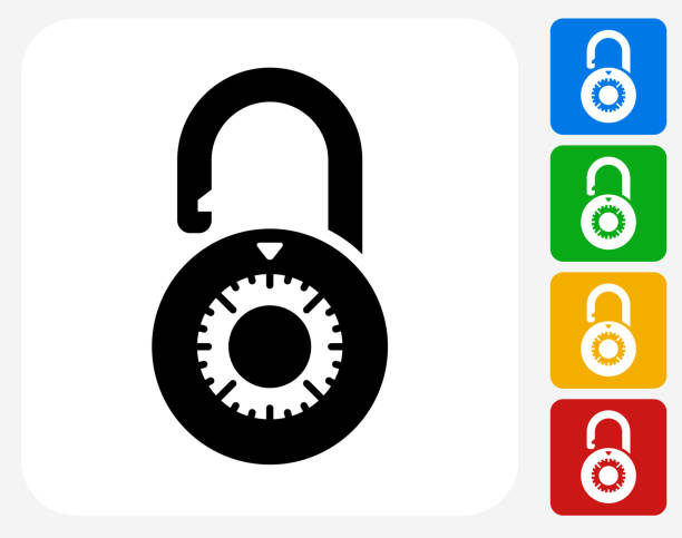 Dial Security Lock Icon Flat Graphic Design Dial Security Lock Icon. This 100% royalty free vector illustration features the main icon pictured in black inside a white square. The alternative color options in blue, green, yellow and red are on the right of the icon and are arranged in a vertical column. combination lock stock illustrations