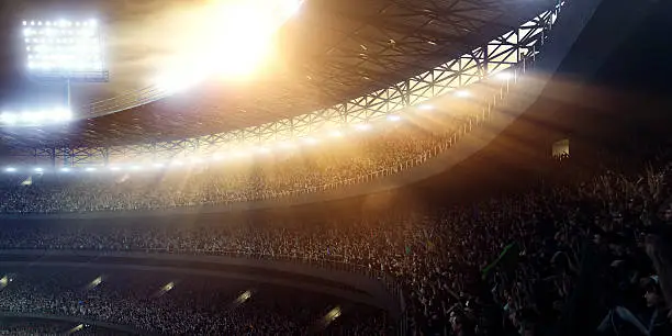Panoramic view of sport stadium or arena tribunes with crowd on evening. Stadium seating stretches across the middle portion of the image, and the seats are filled with spectators. The image is fully made in 3D.