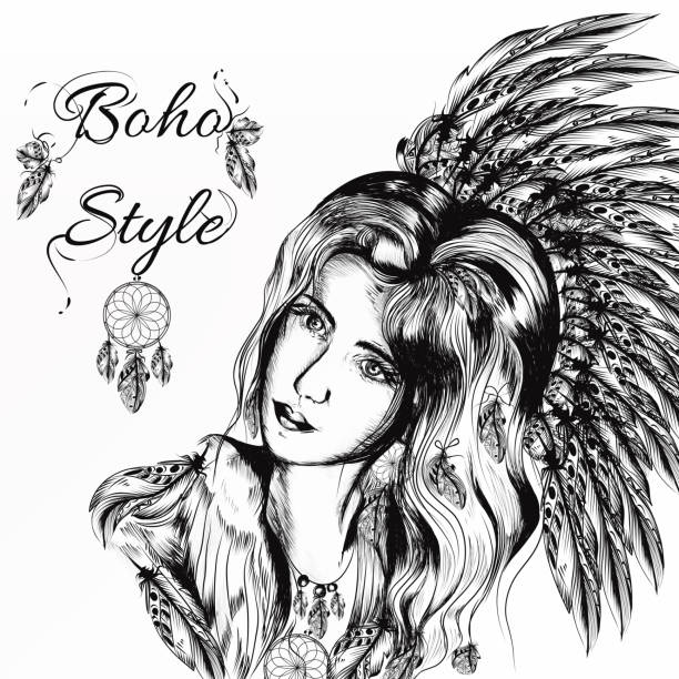 schöne verträumte langhaarigem mädchen katastro- im bohème-stil natural w - tattoo women human face aztec stock-grafiken, -clipart, -cartoons und -symbole