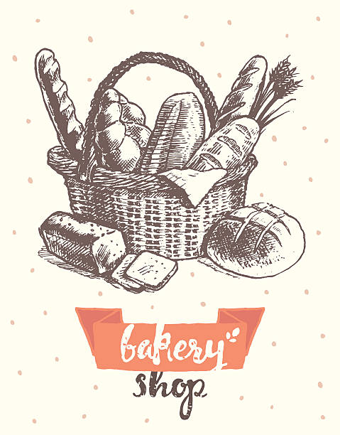 narysować wektor koszyka vintage piekarni świeże pieczywo - whole wheat obrazy stock illustrations