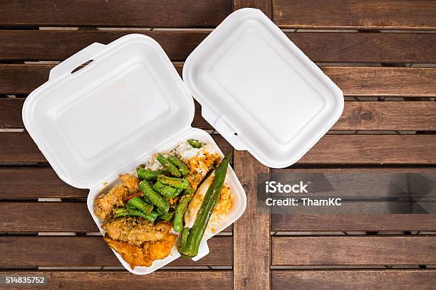 Convenient But Unhealthy Polystyrene Lunch Boxes With Take Away Stock Photo - Download Image Now