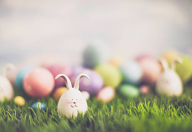 イースター卵ハント、ウサギと卵の装飾 - easter egg hunt ストックフォトと画像