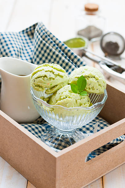 istock Green Tea Ice Cream on white wood board 514839160