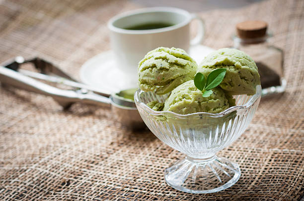 istock Green Tea Ice Cream on white wood board 514839196