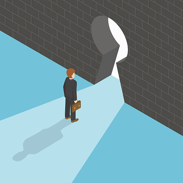 Isometric businessman standing in front of big keyhole Isometric businessman standing in front of big keyhole, leadership, freedom, solution concept, VECTOR, EPS10 light at the end of the tunnel stock illustrations