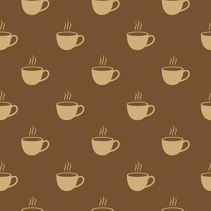 Vector seamless pattern of coffee cups on a brown background.