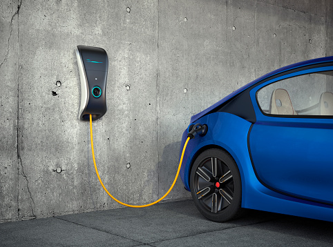 Electric vehicle charging station for home. 3D rendering image. Original design.