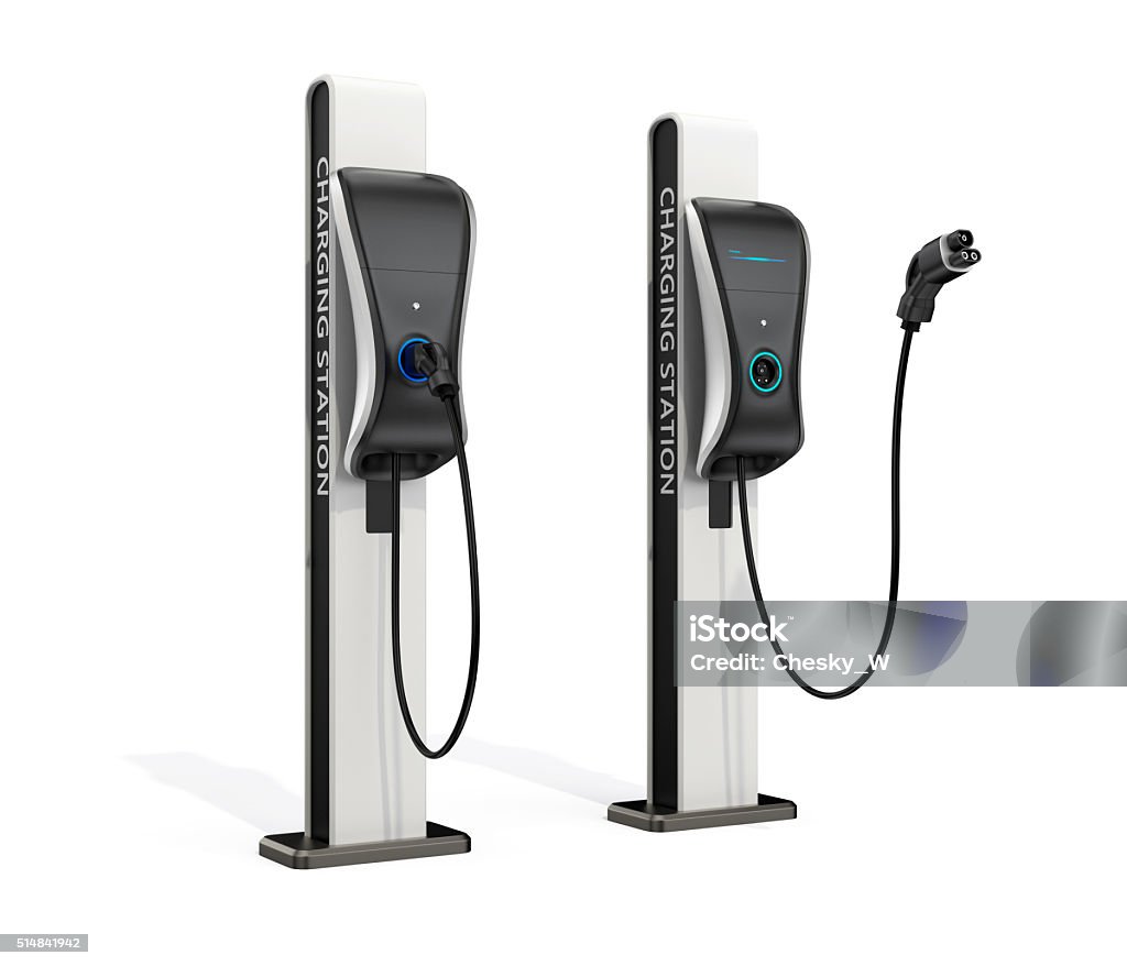 Electric vehicle charging station for public usage Electric vehicle charging station for public usage. 3D rendering image with clipping path. Original design. Electric Vehicle Charging Station Stock Photo