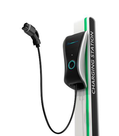 Electric vehicle charging station for public usage. 3D rendering image with clipping path. Original design.