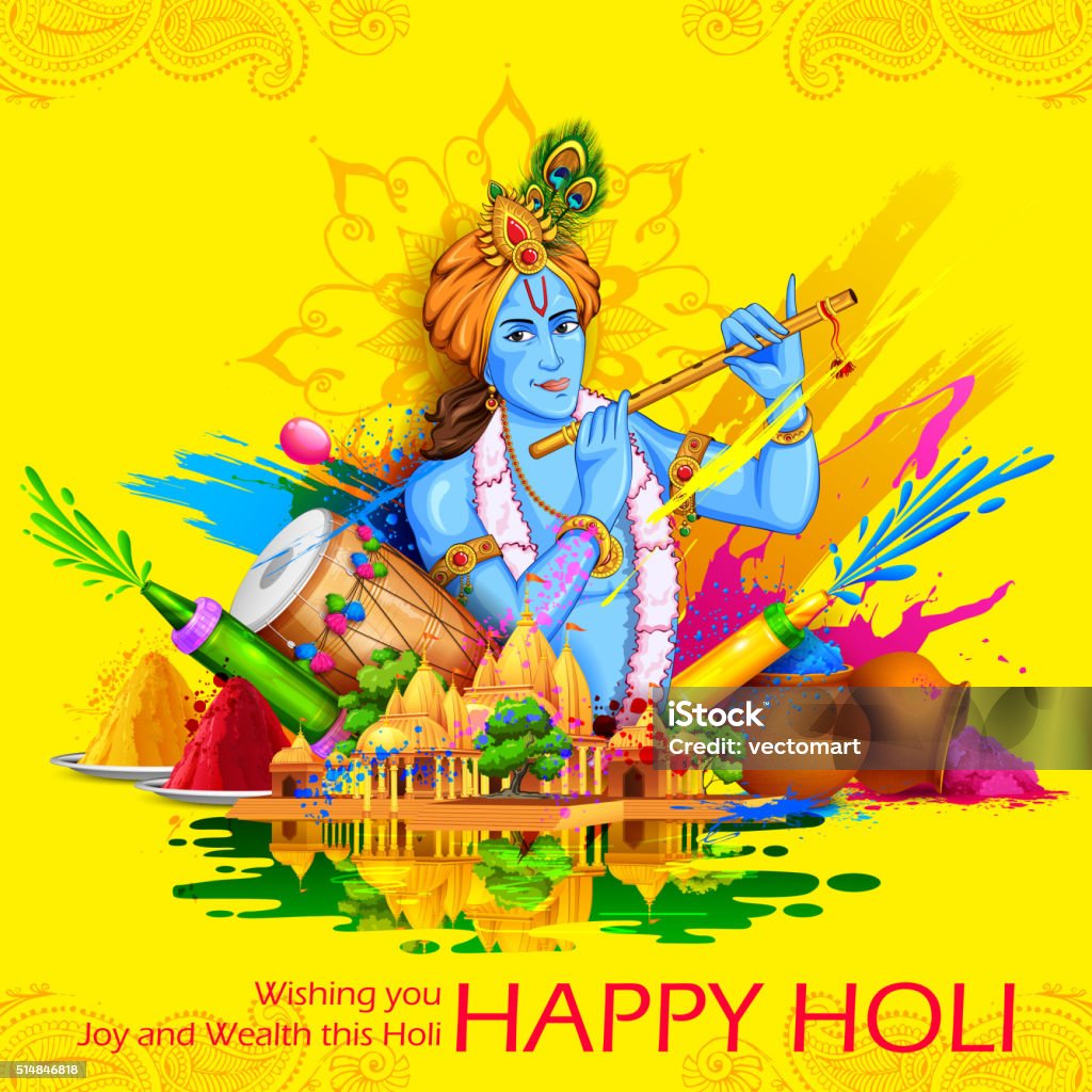 Lord Krishna Playing Flute In Happy Holi Background Stock ...
