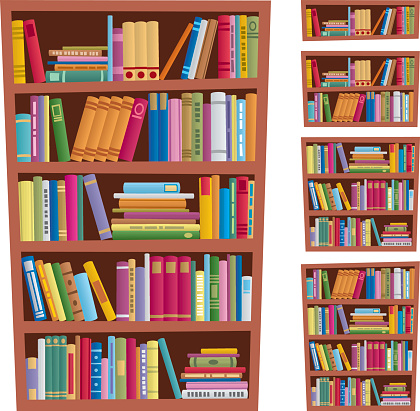 Cartoon illustration of bookshelf in 5 different versions.
