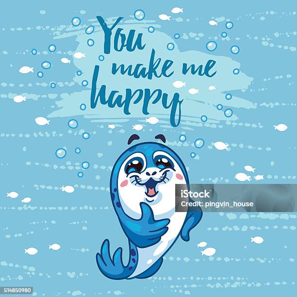 You Make Me Happy Card With Cartoon Baby Seal Stock Illustration - Download Image Now - Animal, Animal Wildlife, Arctic
