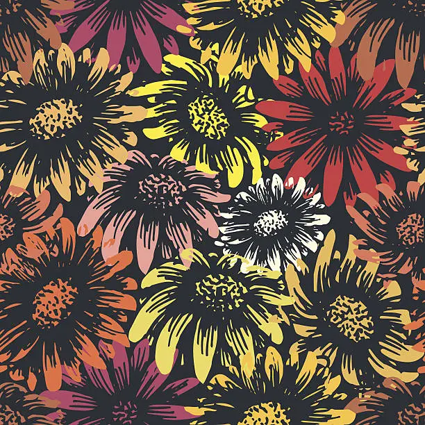 Vector illustration of Vintage daisy gerbera and sunflower flower print (seamless)