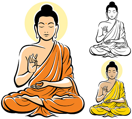 Stylized illustration of Buddha isolated on white background.