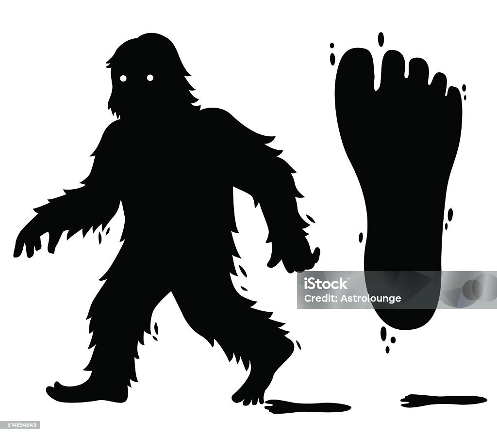 Bigfoot Bigfoot / Yeti silohuette and  the foot tracks. Sasquatch Crossing Sign stock vector