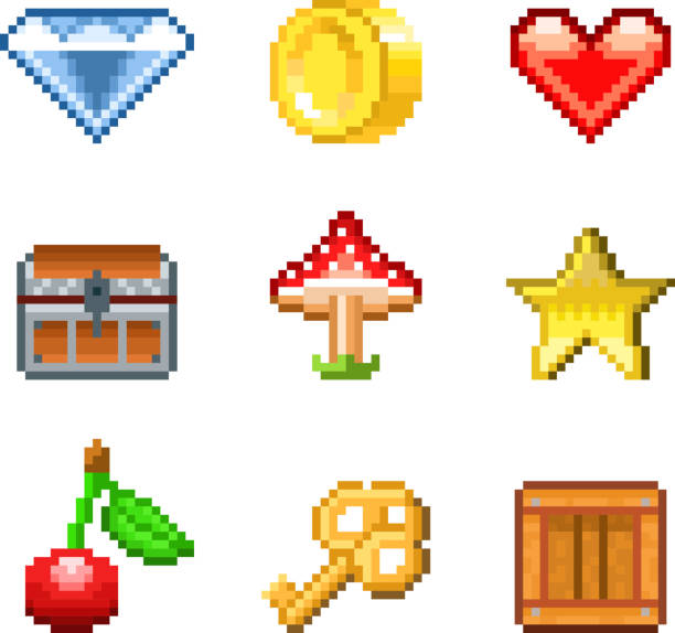 Pixel objects for games icons vector set Pixel objects for games icons photo-realistic vector set fungus network stock illustrations