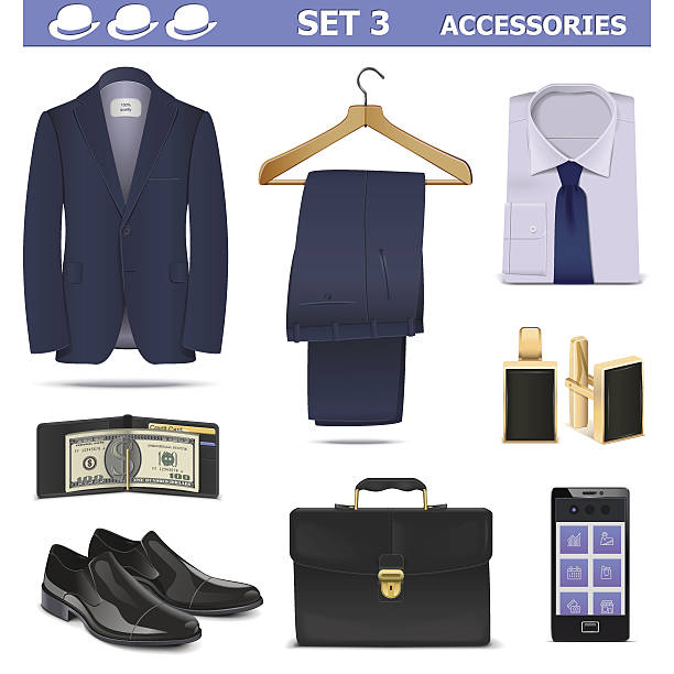 Vector Male Accessories Set 3 Vector male accessories, including clothes and mobile phone, isolated on white background leather clasp stock illustrations